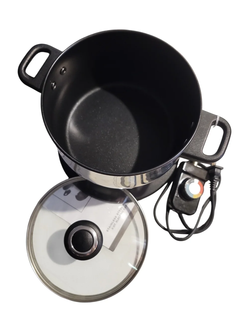 Electric Stainless Steel Hot Pot with Black Handles and Lid